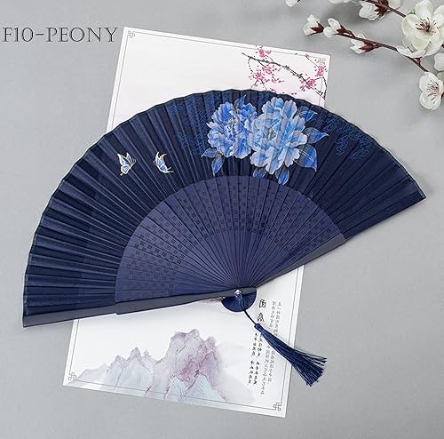 GFM® Éventail pliable en soie de bambou pour l'été, mariage, fête, etc. (FLSLK-MR-E) (F10-Japanese-Pivoine) (FLSLK-F10-19) - Nail Gallerys