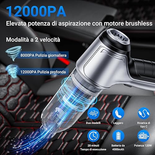 NVKHG Aspirateur à Main, 12000Pa Type-C Rechargeable Portable Léger Mini Aspirateur, 3 en 1 Aspirateur de Voiture avec Moteur sans Brosse, pour Voiture Animaux Maison Car - Nail Gallerys
