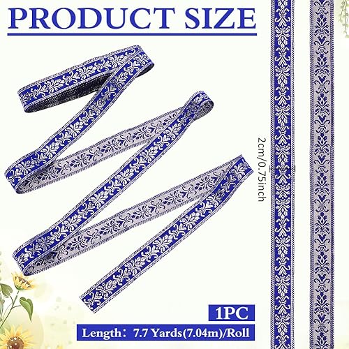 MAYJOYDIY Ruban Jacquard Floral Boho Bleu 7m×20mm Ruban Jacquard Ethnique Vintage Ruban Jacquard Brodé Fleur Dorée Garniture en Sangle pour Vêtements DIY Sacs Couture Décorations Emballage Cadeau - Nail Gallerys