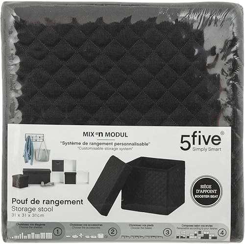 5 five simply smart - 2 en 1 Pouf et Coffre de Rangement Velours Noir 31 x 31 cm 167846B - Nail Gallerys