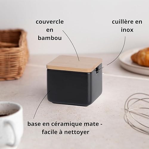 KOOK TIME boite a sucre, Sucrier pour la maison et la cuisine en céramique avec couvercle en bambou et cuillère en acier inoxydable, Couleur: Noir/Bambou - Nail Gallerys