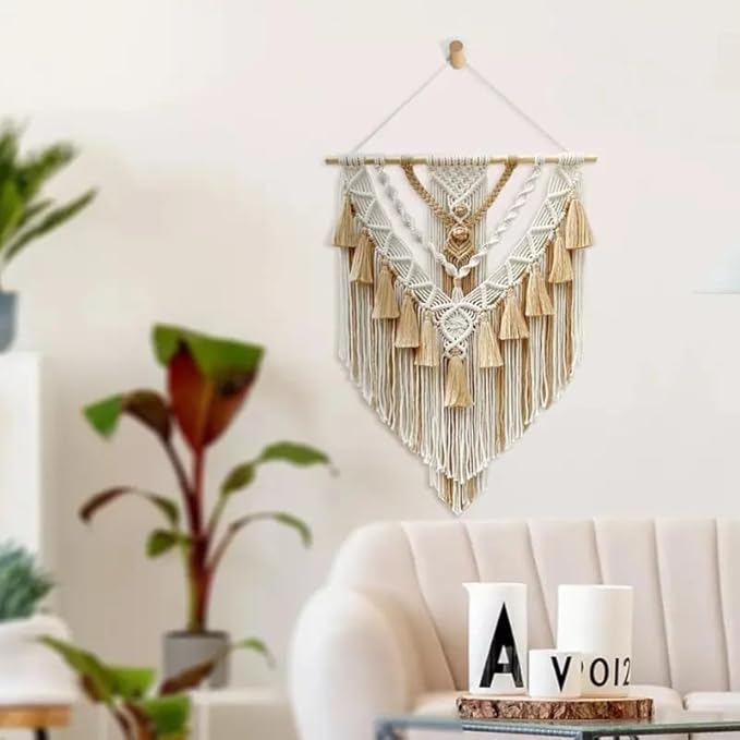 Générique Décoration Murale Suspendue en Macramé avec Franges, Marron et Beige, à la Main avec Pompons, décoration Artisanale, Chambre à Coucher, Salon, Appartement, 55 x 75 cm - Nail Gallerys