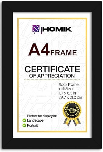HOMIK Cadre Photo A4 | Cadre A4 Avec Verre de Sécurité Acrylique Cadre Photo en verre DIN A4 - Cadre Photo Décoration D'intérieur Noir | Idéal Pour Offrir en Cadeau et Accrocher au Mur - Nail Gallerys