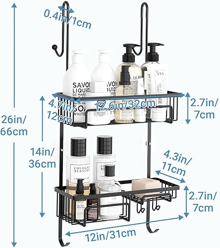 COSYLAND Étagère de Douche à Suspendre - Panier de Douche sans Perçage en Acier Inoxydable - Rangement Douche Suspendu avec Crochets pour Porte en Verre - Antirouille, Noir - Nail Gallerys