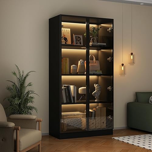 DAWNSPACES Vitrine avec LED et Portes en Verre,Vitrine avec Design Pop-up,Vitrine en Verre avec étagères à 4 Niveaux,Vitrine de Salon,Cadre en Aluminium,Noir,80x40x160cm - Nail Gallerys