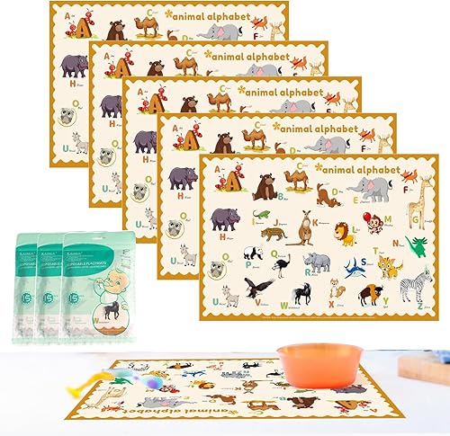 Lot de 45 sets de table jetables pour bébé et enfant – 30 x 46 cm – Motif animal ABC, sans BPA, imperméables, pour restaurant, table à manger, fête, voyage - Nail Gallerys