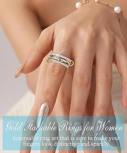 IMMUNOTRAX Bagues empilables plaquées or 14 carats pour femme - Ensemble de 3 bagues entrelacées en oxyde de zirconium, pour un usage quotidien (tailles 7 à 10) - Nail Gallerys