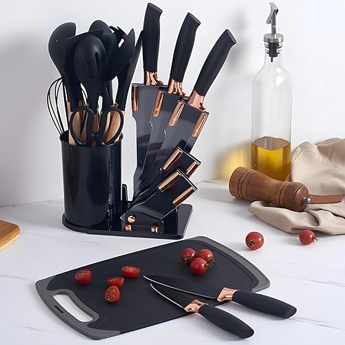 Ensemble de Couteaux de Cuisine avec Bloc - Set de 19 Pièces, avec 11 Ustensiles de Cuisine en Silicone - 5 Couteaux de Cuisine en Acier Inoxydable avec Ciseaux Porte-Couteau Et Planche à Découper - Nail Gallerys