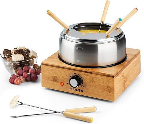 KLARSTEIN Bambus - fondue, 800 W, caquelon en inox, base en bambou, capacité 1,3 L max., plaque chauffante en inox, thermostat, support de fourchette, 6 fourchettes à fondue en inox - bambou - Nail Gallerys
