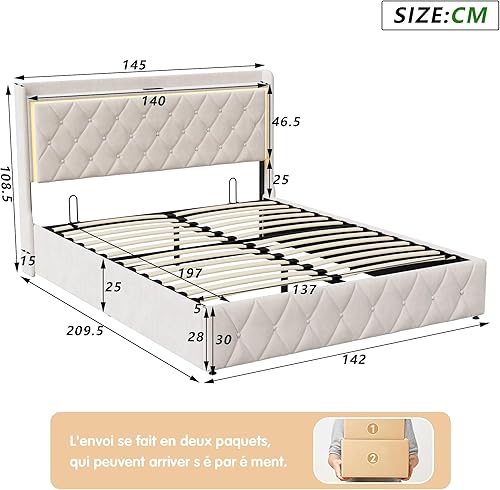 LONELYO Lit 160x200 avec Sommier LED et USB, Lit Coffre 160x200 avec Rangement, lit Double avec à Lattes en Métal - Nail Gallerys