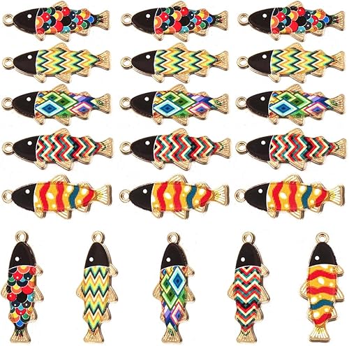KEQAR 20 pièces Breloques en Forme de Poisson, Pendentifs Accessoires Bijoux, en Forme D'Animaux de L'Océan, en Alliage Doré et Émail, Poissons de Mer D'Été Kawaii, Peintes pour la Fabrication - Nail Gallerys
