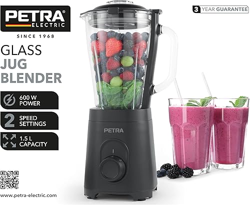 Petra Mixeur Blender 600W avec Bol en Verre 1.5L, Blender Smoothie avec Lames Inox & 2 Vitesses, Mixeur pour Soupes & Smoothies avec Fonction Pulse, Couvercle Sécurisé Sans BPA, Noir - Nail Gallerys