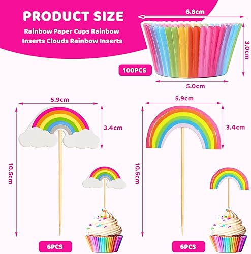 Calkkrer Lot de 100 caissettes à muffins en papier - 12 décorations arc-en-ciel - Pour anniversaire d'enfant, fête prénatale, muffin, décoration de cupcake pour dessert - Nail Gallerys