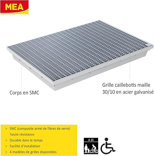 MEA Paillasson encastrable en SMC, Dimensions 75x50x8 cm, avec Grille caillebotis en Acier galvanisé Maille 30/10 - Nail Gallerys