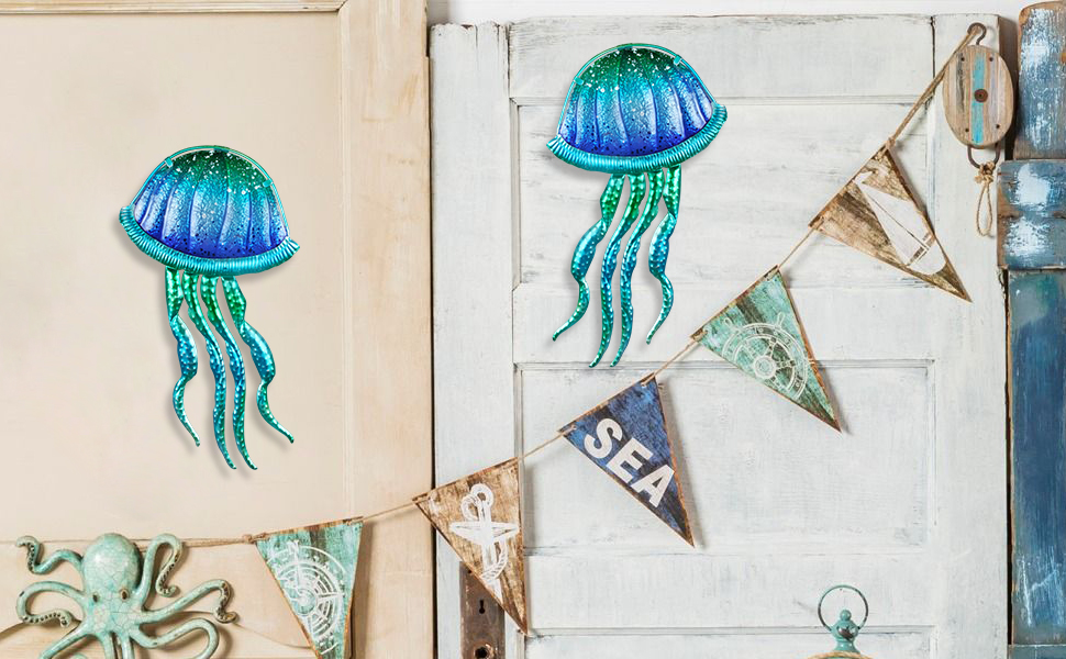 Décoration murale extérieure méduse en verre bleu à suspendre