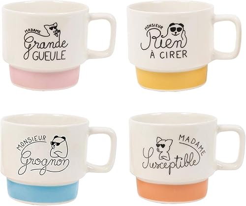 Le Fabuleux Shaman 39-2X-007 Tasses à café empilables Monsieur Madame Grognon Susceptible Rien à cirer Grande gueule Set de 4 assorties Blanc et multicolore Céramique D10,5 x H22,5 cm - Nail Gallerys