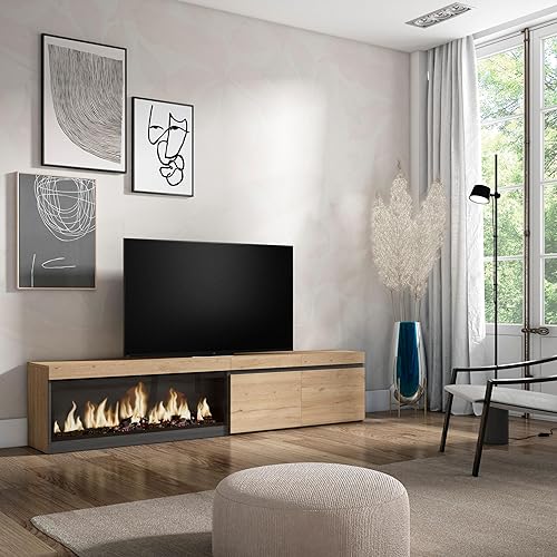 Skraut Home | Meuble TV | Banc Télé | Grand Espace de Rangement | 210 | pour Les TV jusqu'à 80' | Cheminée électrique XXL | Style Moderne | Chêne - Nail Gallerys