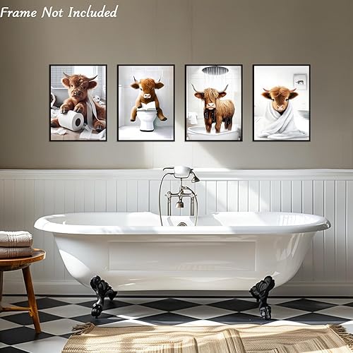 Dazzlewall Lot de 4 Posters Vaches Highlands Drôles Style Farmhouse pour Salle de Bain Toilettes 20×25 cm Non Encadrés - Nail Gallerys