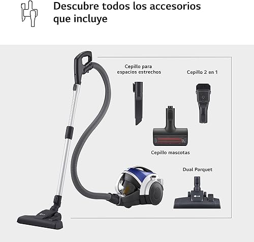 LG VK8506NHAC Aspirateur sans sac, 650 W, système compresseur, système turbocyclonique, tube télescopique, réservoir 1,2 L x 3, régulateur de puissance, spécial animaux de compagnie, brosse 2 en 1, - Nail Gallerys