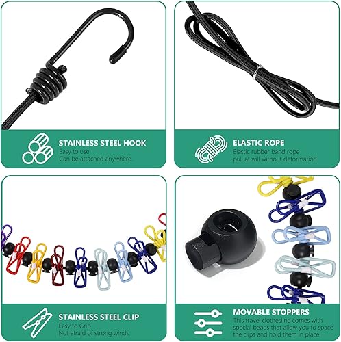 Étendoir à linge portable rétractable pour voyage, 2 paquets de cordes à linge portables avec 8 pinces à linge, 2 paquets de serviettes compressées jetables, convient pour la corde à linge intérieure, - Nail Gallerys