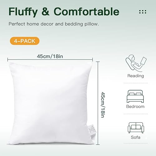 Sungeek Lot de 4 Oreillers 45 x 45cm Coussin à Recouvrir, Rembourrage Coussins, Coussin de Garnissage Blanc, Oreillers Intérieur Décoratifs Doux et Moelleux - Nail Gallerys