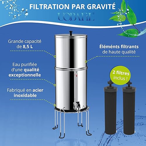 UobaFil_Berkey Filtre à Eau_Fontaine de Filtration d'Eau par Gravité 8.5L avec Technologie Avancée, Réservoir en Acier Inoxydable, Filtres Ultra-purs Doubles et Robinet de Contrôle du Niveau d'Eau - Nail Gallerys