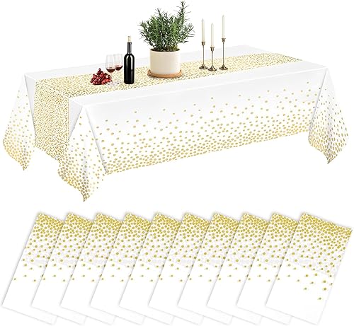 Lot de 10 nappes jetables en plastique blanc - 137 x 274 cm - Nappe de jardin à pois dorés - Nappe rectangulaire - Pour anniversaire, fête, mariage - Nail Gallerys
