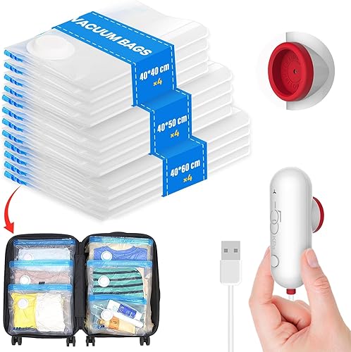Vacbird Sac Sous Vide Vêtements avec Pompe USB, 12 Sac Rangement Sous Vide Aspirateur (4x 40x40cm, 4x 40x50cm, 4x 40x60cm), Réutilisables et Portables, Idéal pour Rangement Vêtements et Voyages - Nail Gallerys