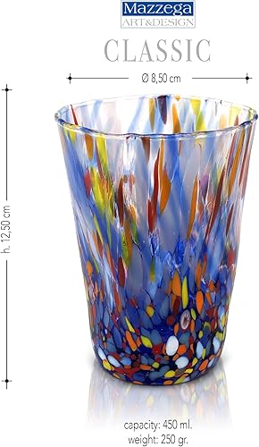 MAZZEGA ART & DESIGN - 6 Verres à boisson en verre soufflé et travaillés à la main avec des murrines Murano raffinées et originales - Les couleurs de Murano - Modèle 450 ml. Fabriqué en Italie. - Nail Gallerys