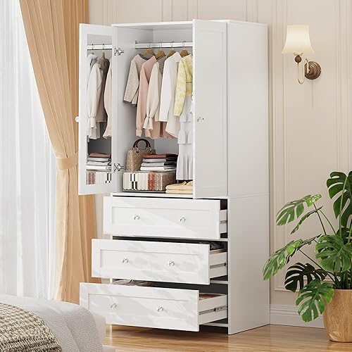VOWNER Armoire 2 Portes Meuble de Rangement avec 3 tiroir, Armoire Chambre avec Miroir, pour la Chambre à Coucher, Le Salon, Couloir, 180 x 80 x 48 cm, Blanc - Nail Gallerys