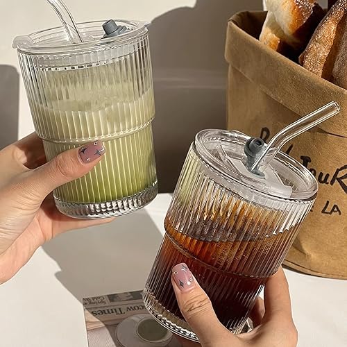 AYYDS Lot de 6 Gobelets en Verre 400 ml Avec Couvercle et Paille - Pour Smoothie, Café, Café Glacé, Jus, Eau, Thé - Nail Gallerys