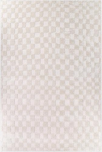 Rugium Tapis Moderne à Carreaux Crème Doux Tapis Rectangulaire Salon Chambre Tapis Cuisine Couloir Salle à Manger Effet Gaufré (80x150cm) - Nail Gallerys