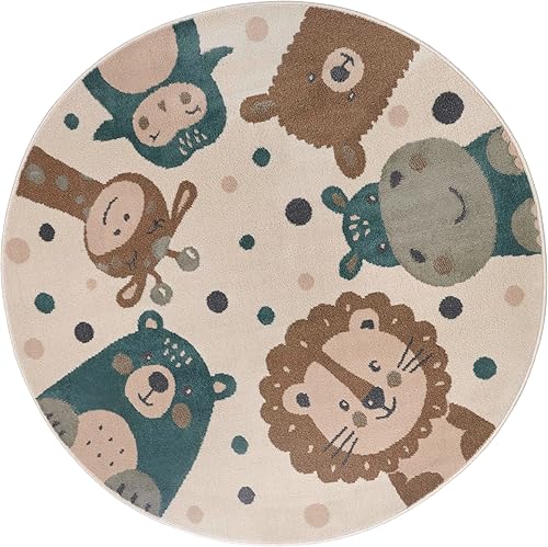Hanse Home Adventures Tapis Rond pour Enfant - Motif Animaux Lion et Ours - pour Chambre d'enfant, Salle de Jeux, Chambre d'adolescent, Salon - Crème/Marron/Bleu - 100 cm - Nail Gallerys