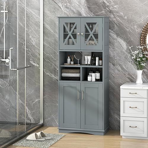 LIFEZEAL Meuble Salle de Bain Rangement à 4 Portes, Placard de Rangement avec Étagères Réglables, Armoire de Rangement à 7 Niveaux, 60 x 30 x 145 CM, pour Cuisine et Salle de Bains (Gris) - Nail Gallerys