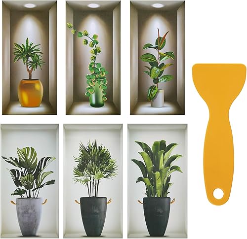 Lot de 6 stickers muraux 3D - Plante verte - Amovibles - En PVC - Bonsaï - Plante en pot - Vase - Feuilles vertes - Avec spatule - Pour chambre à coucher, salon, salle à manger - Nail Gallerys