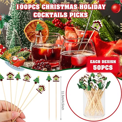 SRIZAIN 100 Pièces Pic à Cocktail de Noël, 4.7inch Bâtonnets Cocktail Bambou Forme Arbre et maison de Noël Cocktail Sticks pour Apéritifs Fruits Desserts Déco de Noël - Nail Gallerys