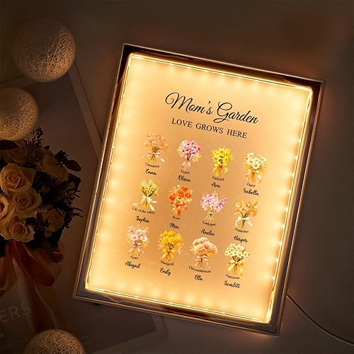 Soview Lampe Miroir Personnalisée pour Maman LED Lumière de Nuit avec Nom et Fleur de Naissance Cadeau pour Fête des Mères Anniversaire Grand-mère Épouse Famille Fille, Onze fleurs - Nail Gallerys