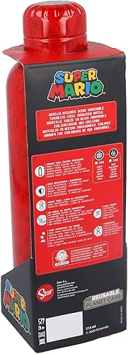 Stor Super Mario Bouteille d'eau réutilisable en acier inoxydable Bouteille isotherme avec double isolation pour 12 heures de boisson chaude et 18 heures de boisson froide Sans BPA 515 ml Rouge - Nail Gallerys