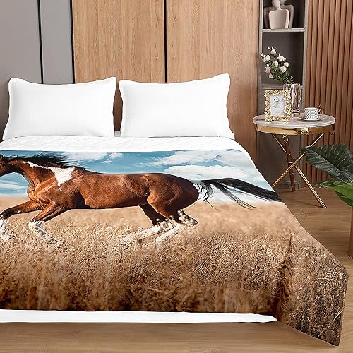 Odot 3D Cheval Impression Boutis Couvre Lit Matelassé de Luxe, Dessus de Lit Microfibre Couverture Climatisation Couette Conditionné Courtepointe (220x240cm,Cheval Brun) - Nail Gallerys