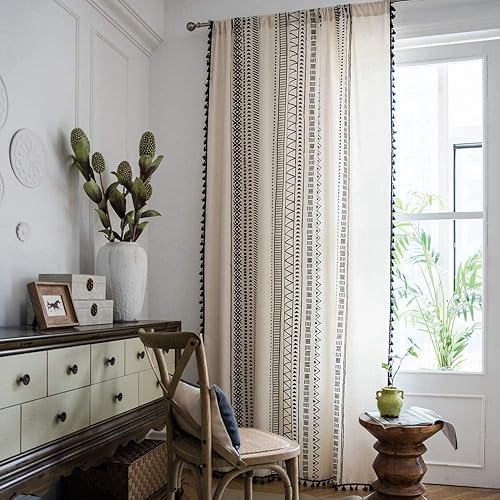 JaeMoose Rideau géométrique semi-occultant, 1 panneau, bohème, en lin, occultant, motif à glands, pour cuisine, salon, chambre à coucher (géométrique, l 150 x H 180 cm) - Nail Gallerys