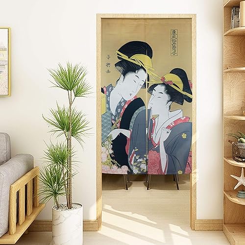 Ligicky Noren Rideau de porte et fenêtre de style japonais Ukiyoe Motif geishas - Décoration d’intérieur pour la maison et la cuisine - 85,1 x 149,9 cm - Nail Gallerys