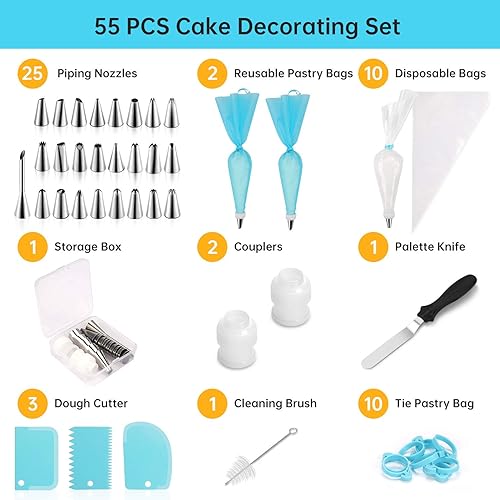 MENNYO 55 Pièces Douilles Patisserie, Kit de Patisserie 25 Douilles, Poche à Douille Silicone, Spatule à Glaçage & Grattoir à Gateau, Accesoire Patiserie pour Cupcakes, Pâte à Choux et Eclairs - Nail Gallerys