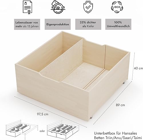 Hansales Tiroir de rangement 97,5x104x40cm sous lit en bois massif avec roulettes et compartiments, Coffre en bois pour lits hauts Anu et Triin de - Nail Gallerys