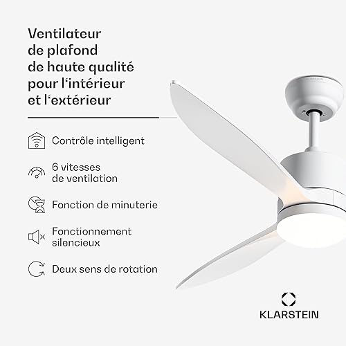 KLARSTEIN SkyBreeze Ventilateur de Plafond - IP44 Extérieur & Intérieur, Télécommande & App, Silencieux 40 DB, 6 Vitesses, Lumière Graduable, Modes Été/Hiver, 132 cm, Blanc - Nail Gallerys