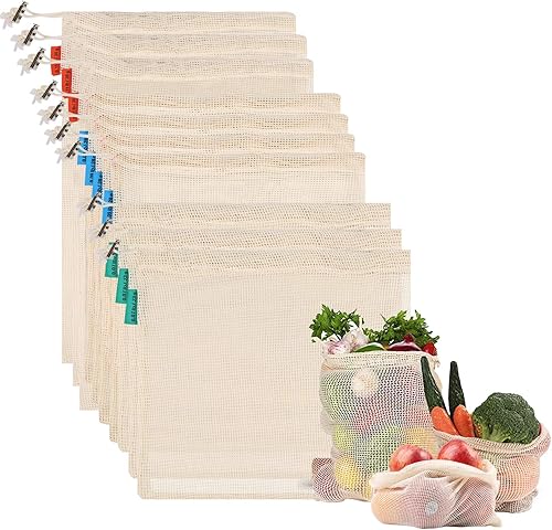 NEWSTYLE Sacs Réutilisables à Fruits et Légumes,Sac de Provisions en Coton Lot de 10 Sacs à Grille,Résistant, Lavable, Double Piqué avec étiquette de Poids de Tare, Léger (3*S, 4*M, 3*L) - Nail Gallerys