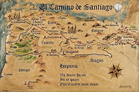 1art1 Chemin De Saint Jacques Poster Impression sur Toile El Camino De Santiago Anno 1445, Jon Mellenthin Affiche Murale XXL Encadrée | Tendue sur Cadre en Bois | Tableau 30x20 cm - Nail Gallerys