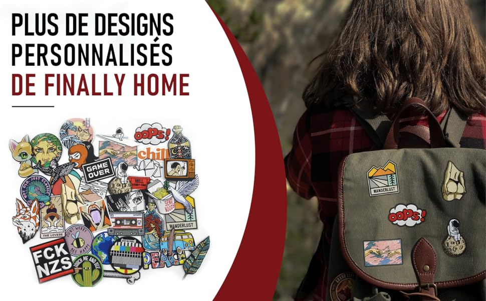 Plus de Designs personnalisés de Finally Home femme avec sac à dos et patchs thermocollants enfant