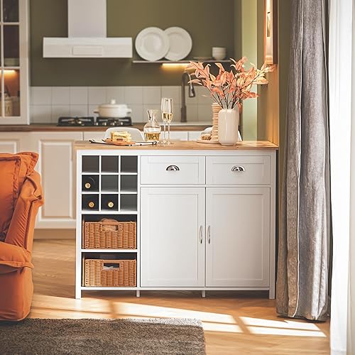 SoBuy îlot Central de Cuisine, Placard de Cuisine, Buffet de Rangement avec Porte-Bouteille pour 9 Bouteilles, 2 Tiroirs, 2 Portes et 2 Paniers en Rotin – 120x56x90 cm, KNL05-W - Nail Gallerys