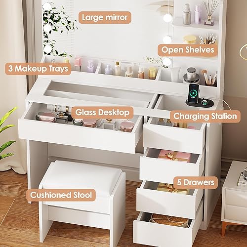 ANWBROAD Coiffeuse avec Miroir et Tabouret Éclairage LED Réglable, 3 Couleurs, Plateau en Verre, Coiffeuse avec Prise 5 Tiroirs et 5 Espaces de Rangement Ouverts, Moderne Blanc BDT74W - Nail Gallerys