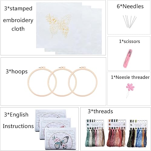 isasaka Kit de broderie pour débutants pour adultes et débutants, comprend 3 tissus à motif floral, 3 cercles à broder, du fil à broder, des fils colorés, des outils (papillon-2) - Nail Gallerys